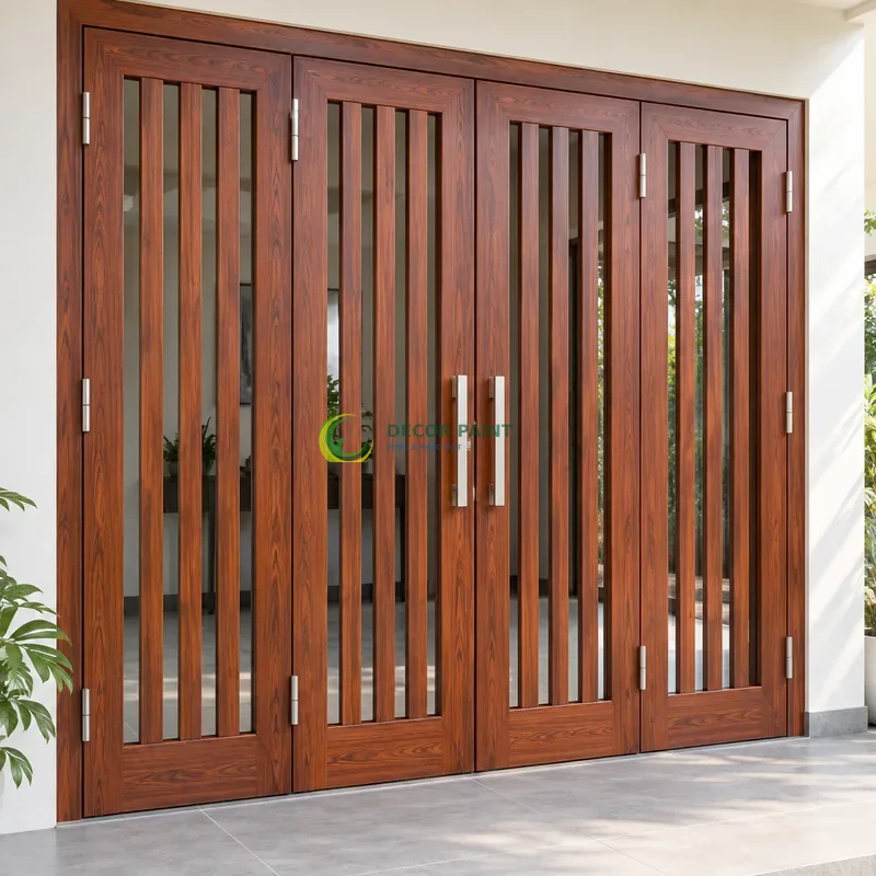 Cửa sắt thép 4 cánh sơn giả gỗ cánh gián, khung phẳng với nan dọc hẹp, không gian trưng bày mẫu tường trắng, góc chếch từ trên xuống.