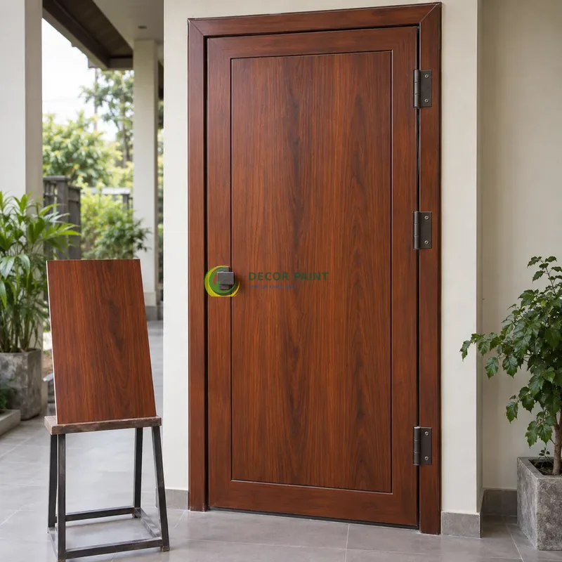 Cửa sắt thép 1 cánh sơn giả gỗ cánh gián, panô phẳng có viền chữ nhật nhỏ, với mẫu màu để tham khảo lựa chọn, góc chính diện cân đối.