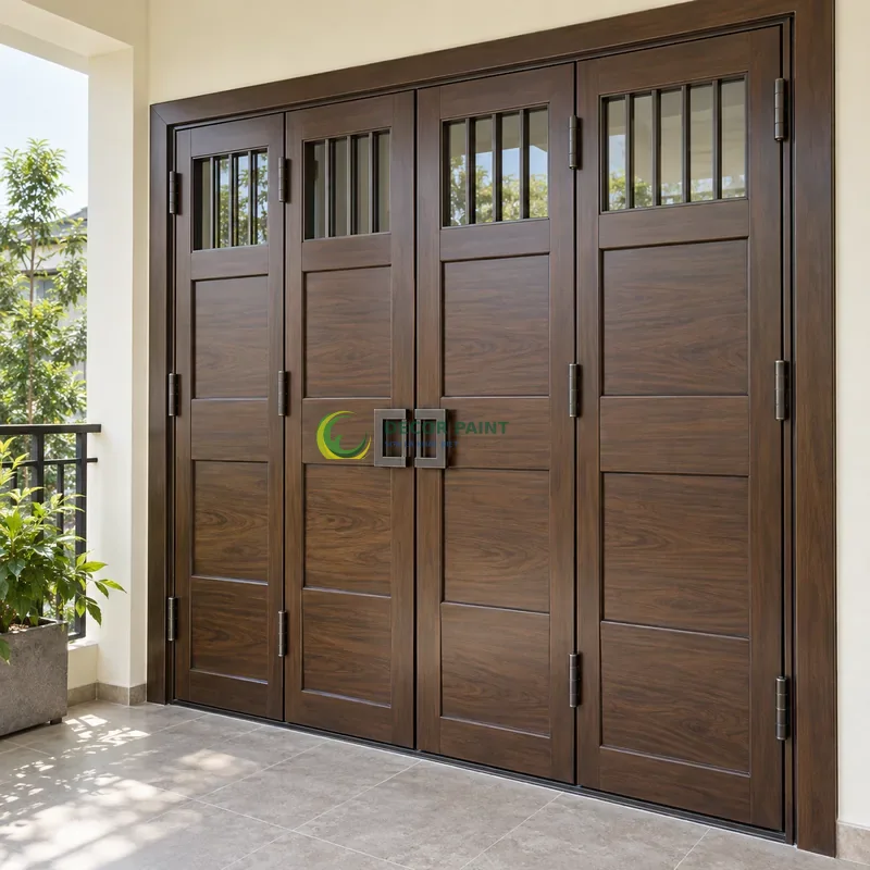 Cửa sắt thép 4 cánh sơn giả gỗ óc chó sẫm, ba ô ngang rộng trong khung sắt, góc ban công có mái che và tường ngà, góc ba phần tư từ bên trái.