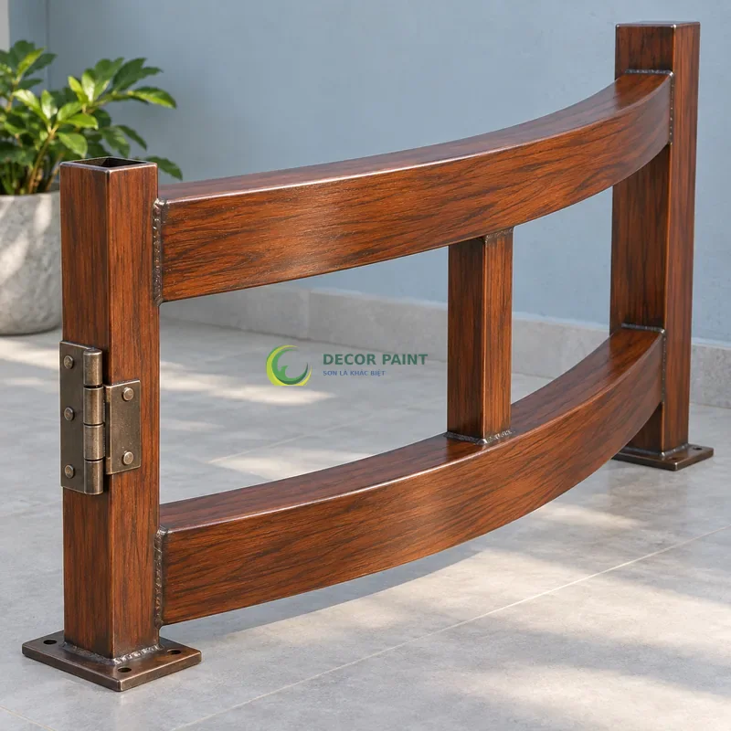 Mẫu sắt thép sơn giả gỗ cánh gián, thanh cong nhẹ có giằng thẳng, góc trưng bày có tường xanh xám nhạt, góc cận ngang tầm vật mẫu.
