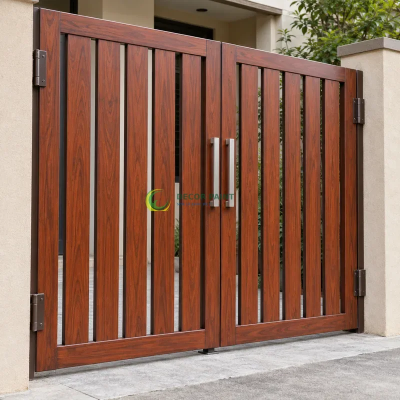 Cửa sắt thép 2 cánh sơn giả gỗ cánh gián, khung phẳng với nan dọc hẹp, mặt tiền nhà phố tông cát nhạt, góc chéo vừa, làm rõ mối ghép.
