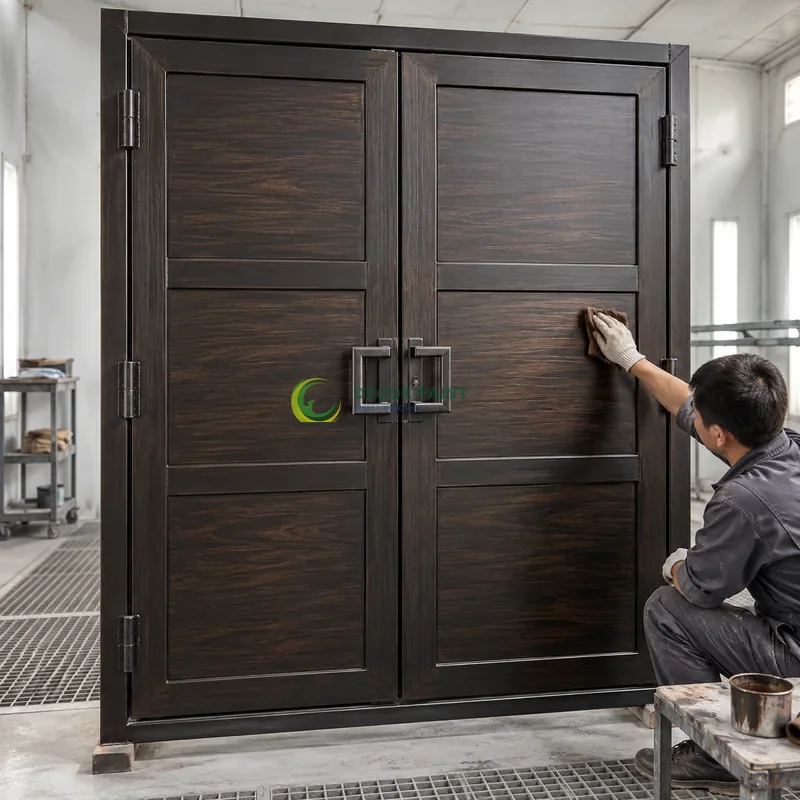 Cửa sắt thép 2 cánh sơn giả gỗ đen đậm, ba ô ngang rộng trong khung sắt, minh hoạ thao tác tạo vân trên lớp lót, góc thấp vừa, thấy trọn chủ thể.