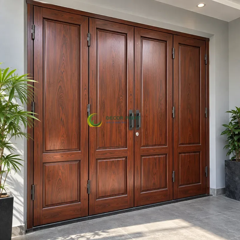 Cửa sắt thép 4 cánh sơn giả gỗ cánh gián, panô dài phía trên và ô thấp phía dưới, sảnh nhỏ hiện đại có tường xám nhạt, góc chéo vừa, làm rõ mối ghép.