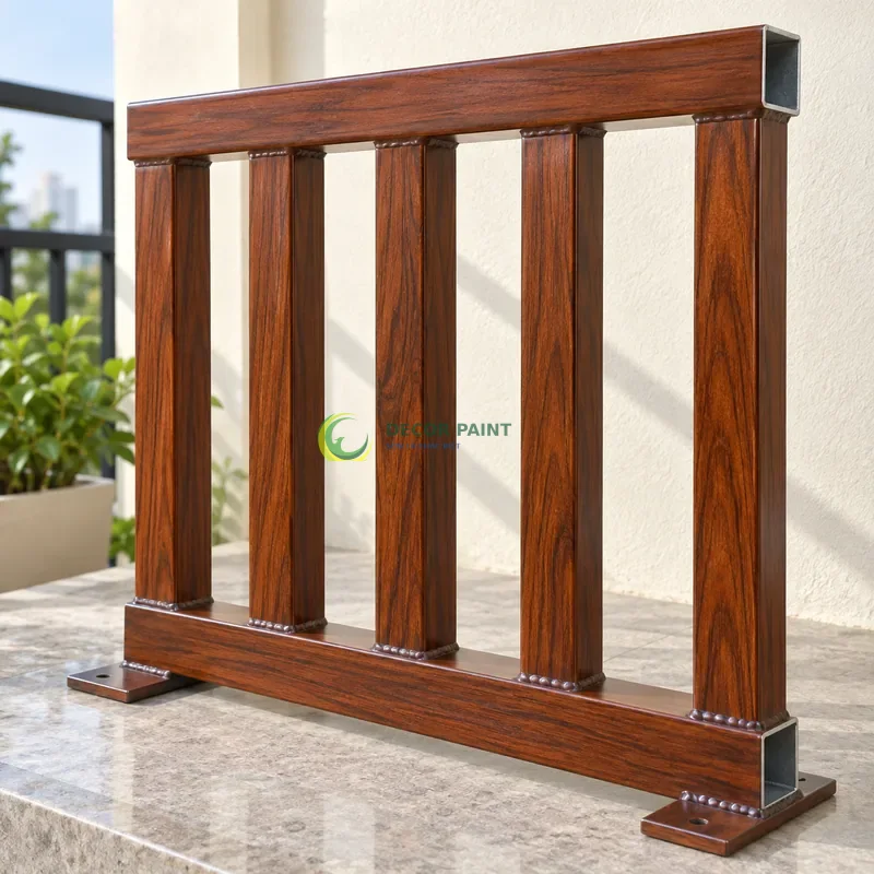 Mẫu sắt hộp mạ kẽm sơn giả gỗ cánh gián, năm thanh đứng trên giá mẫu thấp, góc ban công có mái che và tường ngà, góc cận ba phần tư trên bàn.