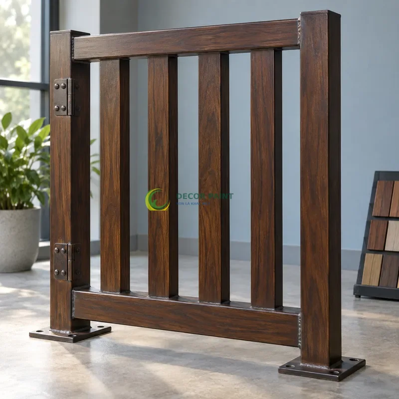 Mẫu sắt thép sơn giả gỗ óc chó sẫm, năm thanh đứng trên giá mẫu thấp, với mẫu màu để tham khảo lựa chọn, góc cận ngang tầm vật mẫu.