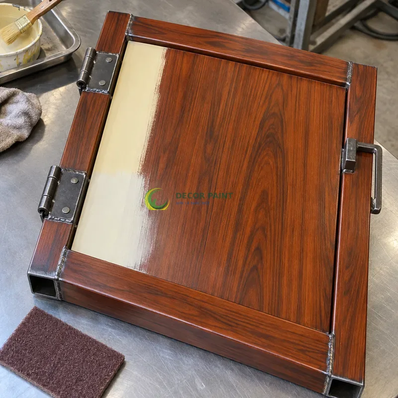 Mẫu sắt thép sơn giả gỗ cánh gián, tấm mẫu chữ nhật có cạnh gấp, minh hoạ chuẩn bị bề mặt và lớp sơn hoàn thiện, góc gần từ trên xuống của bàn thao tác.