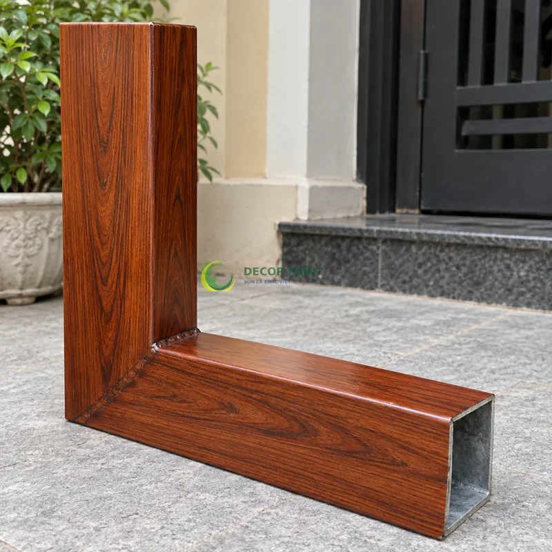 Mẫu sắt hộp mạ kẽm sơn giả gỗ cánh gián, hai thanh hộp rộng nối vuông góc, lối vào nhà phố có tường sáng, góc cận bên phải thấy rõ chiều sâu thanh.