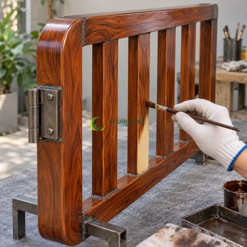Mẫu sắt thép sơn giả gỗ cánh gián, tấm mẫu bo góc trên giá đỡ, minh hoạ thao tác tạo vân trên lớp lót, góc cận nhấn cạnh đầu vật mẫu.