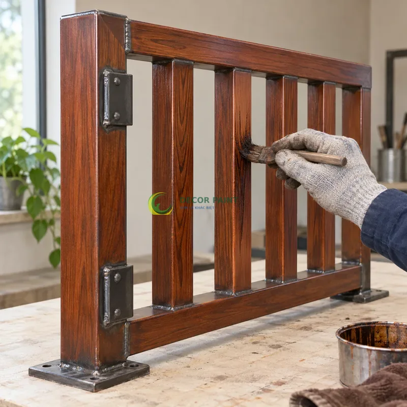 Mẫu sắt thép sơn giả gỗ cánh gián, năm thanh đứng trên giá mẫu thấp, minh hoạ thao tác tạo vân trên lớp lót, góc cận nhấn cạnh đầu vật mẫu.