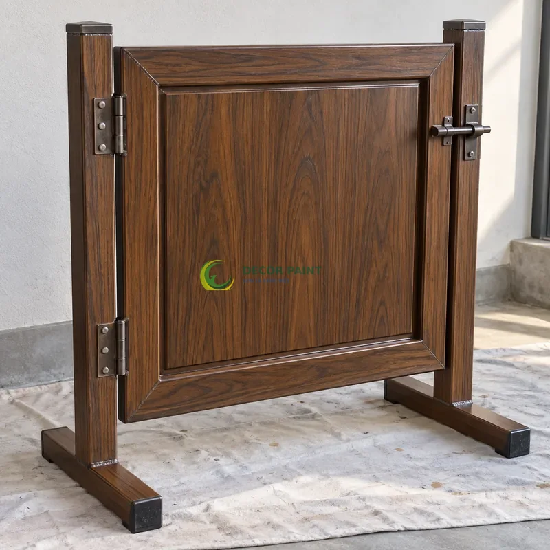 Mẫu sắt thép sơn giả gỗ óc chó sẫm, panô âm trong khung nổi, góc thi công nhà ở gọn gàng, góc cao nhẹ thấy trọn môđun mẫu.