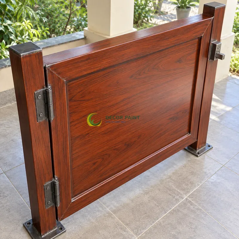 Mẫu sắt thép sơn giả gỗ cánh gián, panô âm trong khung nổi, hiên nhà sáng có cây xanh phía xa, góc cao chéo theo đường chéo khung hình.