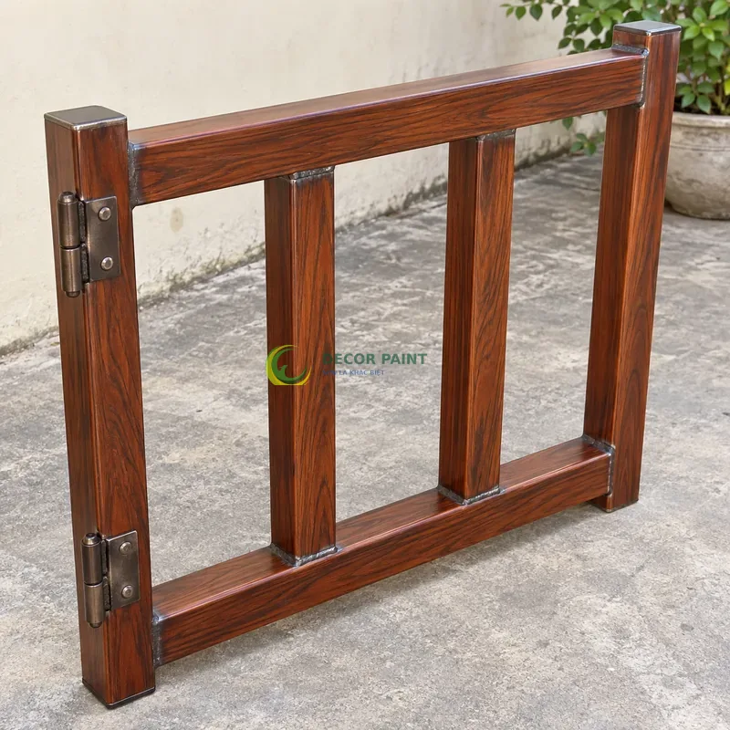 Mẫu sắt thép sơn giả gỗ cánh gián, ba thanh hộp vuông có hai thanh giằng, sân trong có nền xi măng trung tính, góc cao chéo theo đường chéo khung hình.