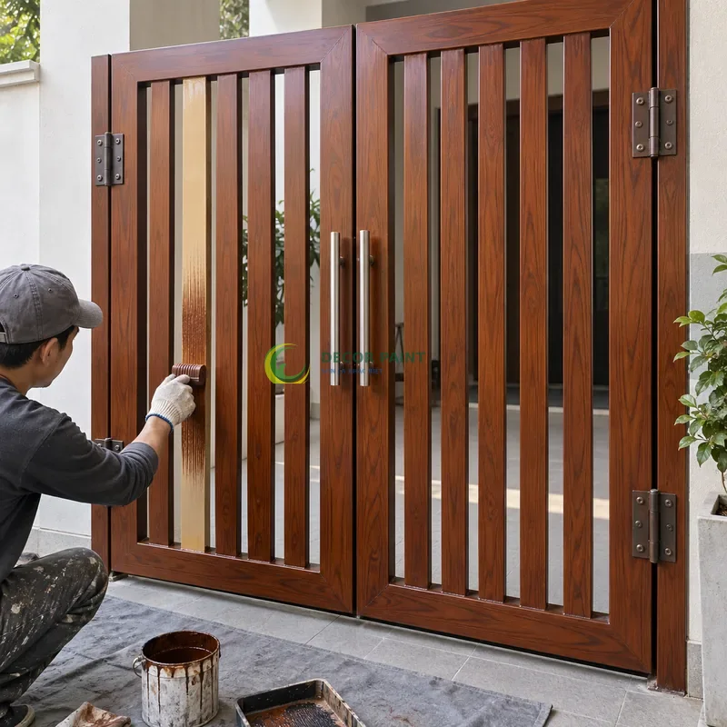 Cửa sắt thép 2 cánh sơn giả gỗ cánh gián, khung phẳng với nan dọc hẹp, minh hoạ thao tác tạo vân trên lớp lót, góc chéo vừa, làm rõ mối ghép.