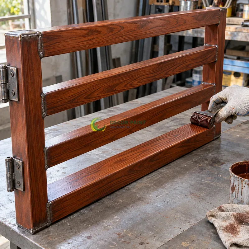 Mẫu sắt thép sơn giả gỗ cánh gián, khung mẫu có bốn thanh ngang, minh hoạ thao tác tạo vân trên lớp lót, góc cận ba phần tư trên bàn.