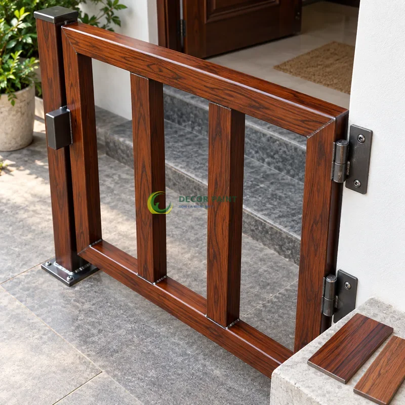 Mẫu sắt thép sơn giả gỗ cánh gián, ba thanh hộp vuông có hai thanh giằng, với mẫu màu để tham khảo lựa chọn, góc cao chéo theo đường chéo khung hình.