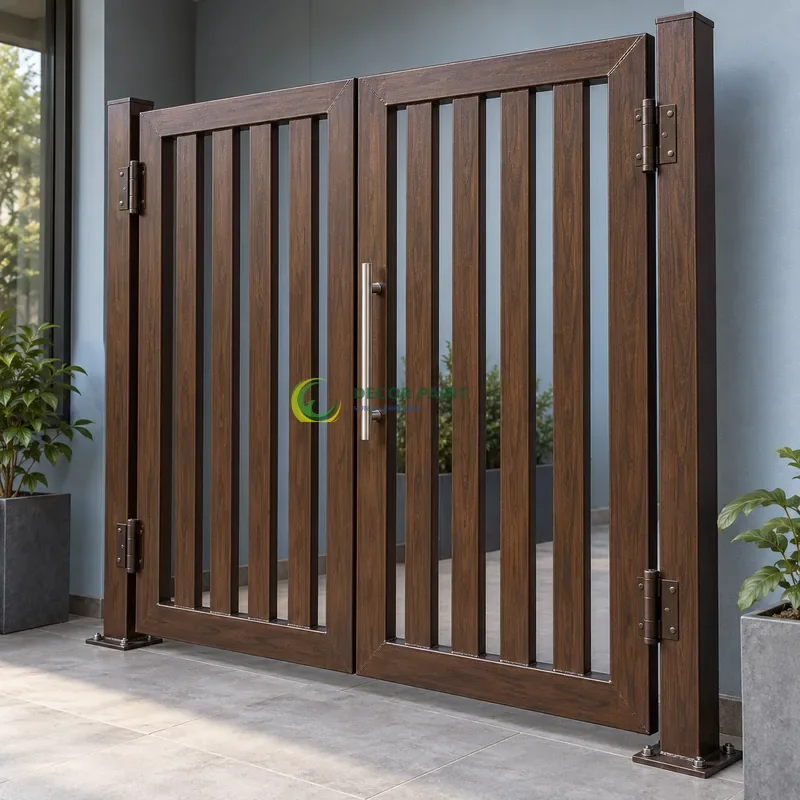 Cửa sắt thép 2 cánh sơn giả gỗ óc chó sẫm, khung phẳng với nan dọc hẹp, góc trưng bày có tường xanh xám nhạt, góc ba phần tư từ bên phải.