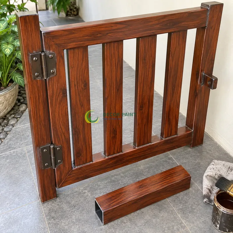 Mẫu sắt thép sơn giả gỗ cánh gián, tấm mẫu chữ nhật có cạnh gấp, với mẫu màu để tham khảo lựa chọn, góc gần từ trên xuống của bàn thao tác.