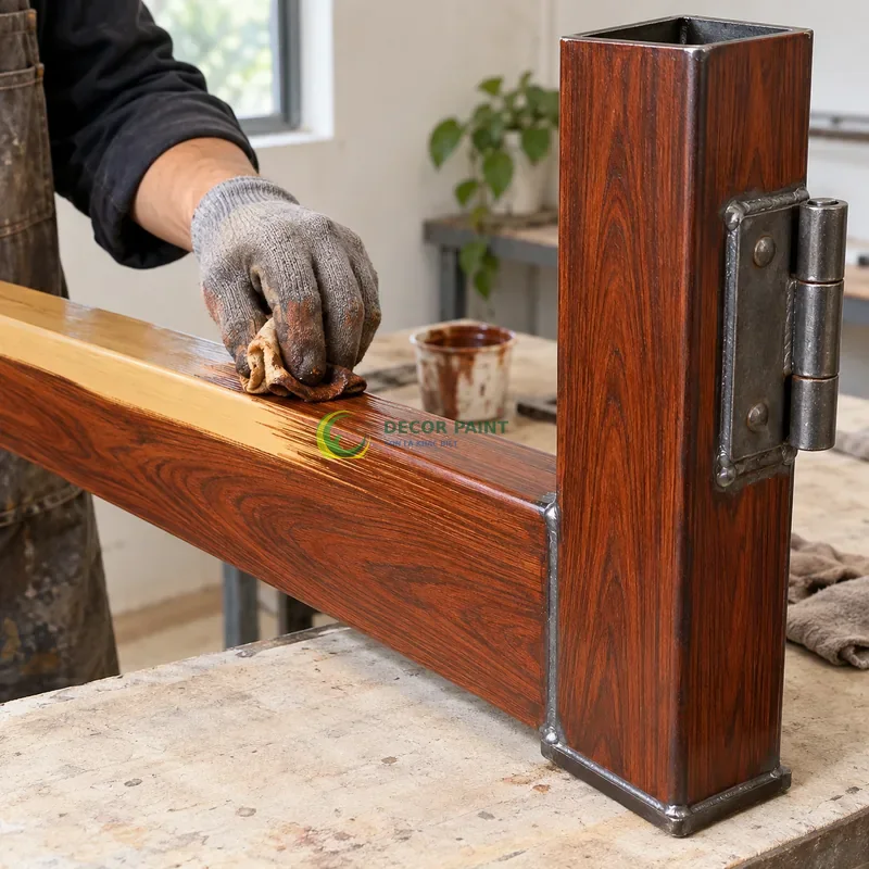 Mẫu sắt thép sơn giả gỗ cánh gián, hai thanh hộp rộng nối vuông góc, minh hoạ thao tác tạo vân trên lớp lót, góc cận bên phải thấy rõ chiều sâu thanh.