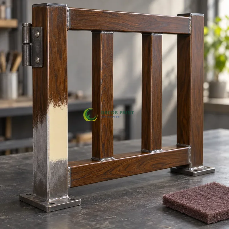 Mẫu sắt thép sơn giả gỗ óc chó sẫm, ba thanh hộp vuông có hai thanh giằng, minh hoạ chuẩn bị bề mặt và lớp sơn hoàn thiện, góc cận bên trái với vật mẫu dựng đứng.