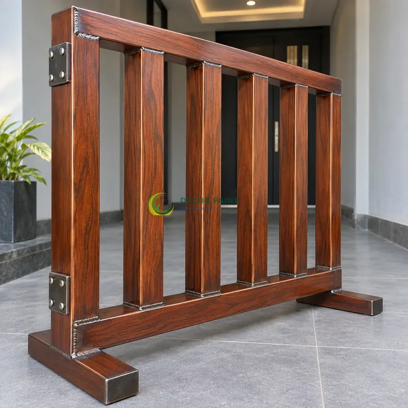 Mẫu sắt thép sơn giả gỗ cánh gián, năm thanh đứng trên giá mẫu thấp, sảnh nhỏ hiện đại có tường xám nhạt, góc cận nhấn cạnh đầu vật mẫu.
