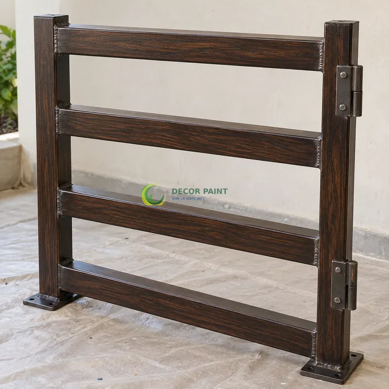 Mẫu sắt thép sơn giả gỗ đen đậm, khung mẫu có bốn thanh ngang, góc thi công nhà ở gọn gàng, góc cao nhẹ thấy trọn môđun mẫu.