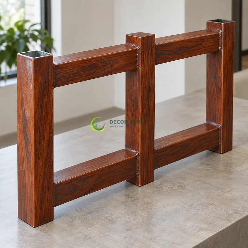 Mẫu sắt hộp mạ kẽm sơn giả gỗ cánh gián, ba thanh hộp vuông có hai thanh giằng, không gian trưng bày mẫu tường trắng, góc cận ba phần tư trên bàn.