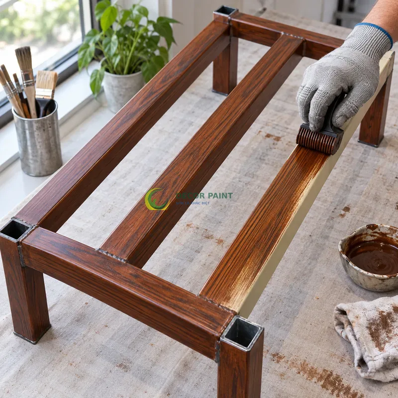 Mẫu sắt hộp mạ kẽm sơn giả gỗ cánh gián, ba thanh hộp vuông có hai thanh giằng, minh hoạ thao tác tạo vân trên lớp lót, góc cao chéo theo đường chéo khung hình.