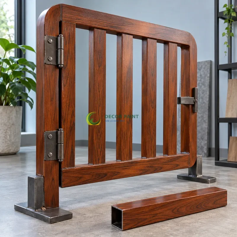 Mẫu sắt thép sơn giả gỗ cánh gián, tấm mẫu bo góc trên giá đỡ, với mẫu màu để tham khảo lựa chọn, góc cận nhấn cạnh đầu vật mẫu.