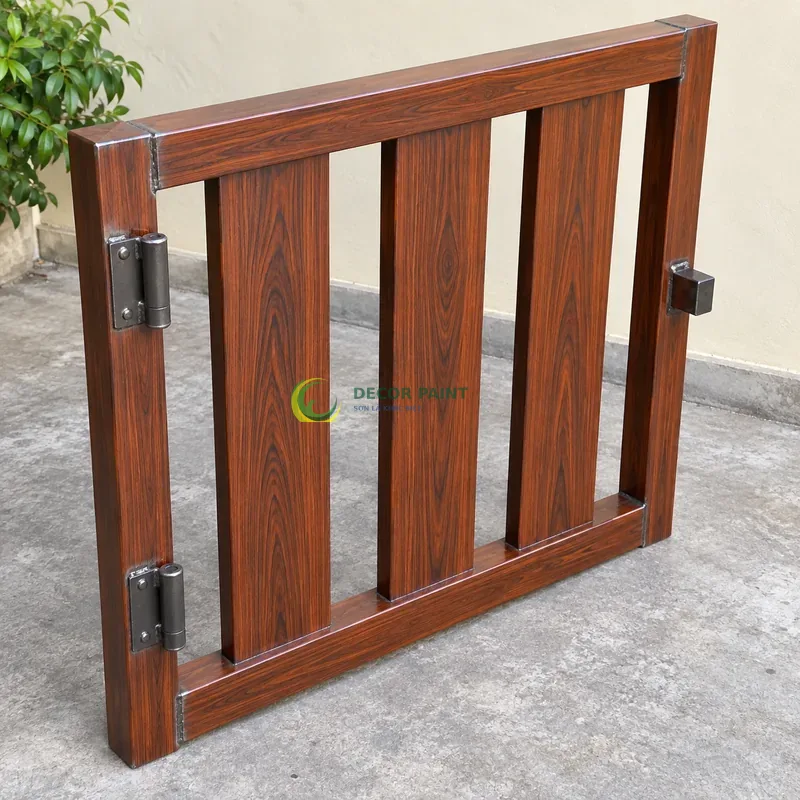 Mẫu sắt thép sơn giả gỗ cánh gián, khung chữ nhật có ba lá dọc rộng, sân trong có nền xi măng trung tính, góc cao chéo theo đường chéo khung hình.