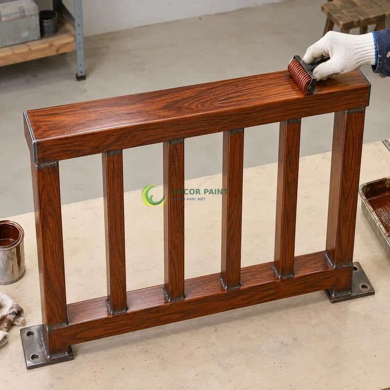 Mẫu sắt thép sơn giả gỗ cánh gián, môđun lan can có tay vịn và năm thanh đứng, minh hoạ thao tác tạo vân trên lớp lót, góc gần từ trên xuống của bàn thao tác.