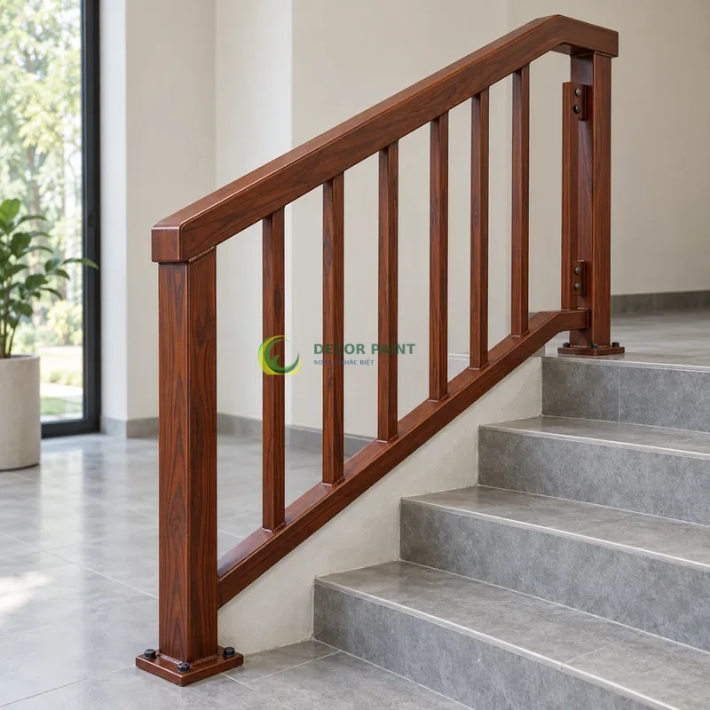 Lan can cầu thang sơn giả gỗ cánh gián, không gian trưng bày mẫu tường trắng, góc ba phần tư từ bên trái.
