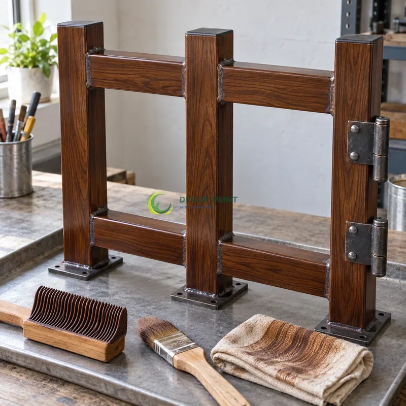 Mẫu sắt thép sơn giả gỗ óc chó sẫm, ba thanh hộp vuông có hai thanh giằng, bên dụng cụ tạo vân và mẫu sơn hoàn thiện, góc cận ngang tầm vật mẫu.