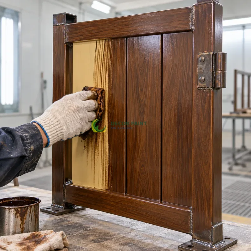 Mẫu sắt thép sơn giả gỗ óc chó sẫm, tấm mẫu chữ nhật có cạnh gấp, minh hoạ thao tác tạo vân trên lớp lót, góc cận bên trái với vật mẫu dựng đứng.