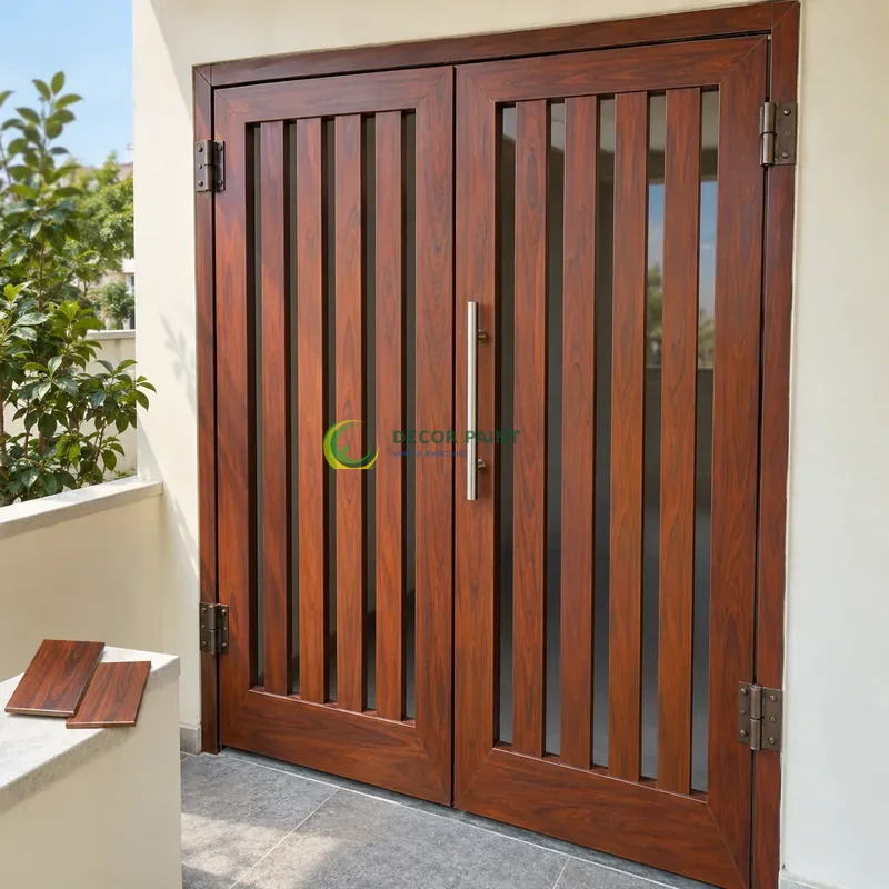 Cửa sắt thép 2 cánh sơn giả gỗ cánh gián, khung phẳng với nan dọc hẹp, với mẫu màu để tham khảo lựa chọn, góc chếch từ trên xuống.