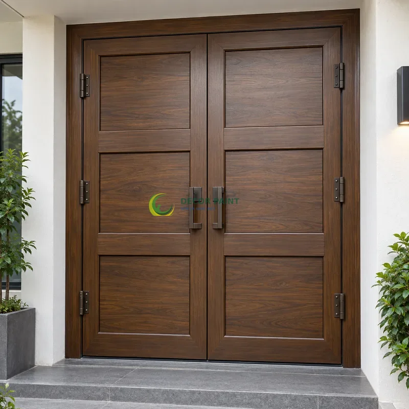 Cửa sắt thép 2 cánh sơn giả gỗ óc chó sẫm, ba ô ngang rộng trong khung sắt, lối vào có bậc thấp và tường bên màu trắng, góc chính diện cân đối.