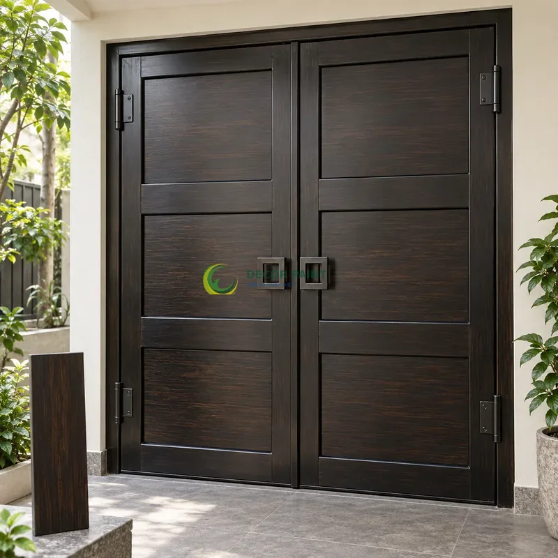 Cửa sắt thép 2 cánh sơn giả gỗ đen đậm, ba ô ngang rộng trong khung sắt, với mẫu màu để tham khảo lựa chọn, góc thấp vừa, thấy trọn chủ thể.