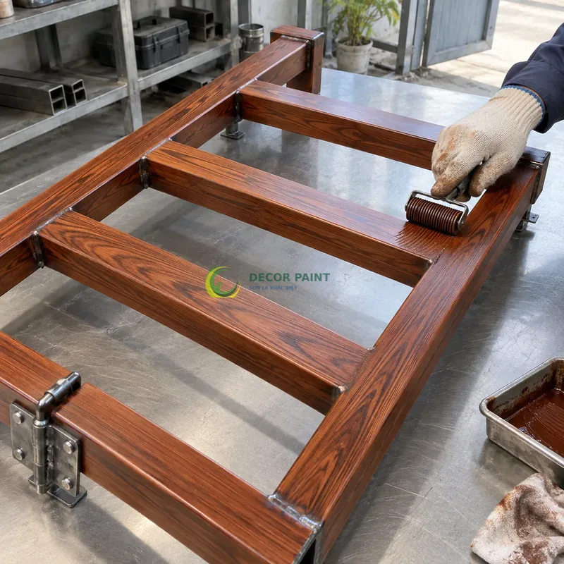 Mẫu sắt thép sơn giả gỗ cánh gián, khung mẫu có bốn thanh ngang, minh hoạ thao tác tạo vân trên lớp lót, góc cao chéo theo đường chéo khung hình.