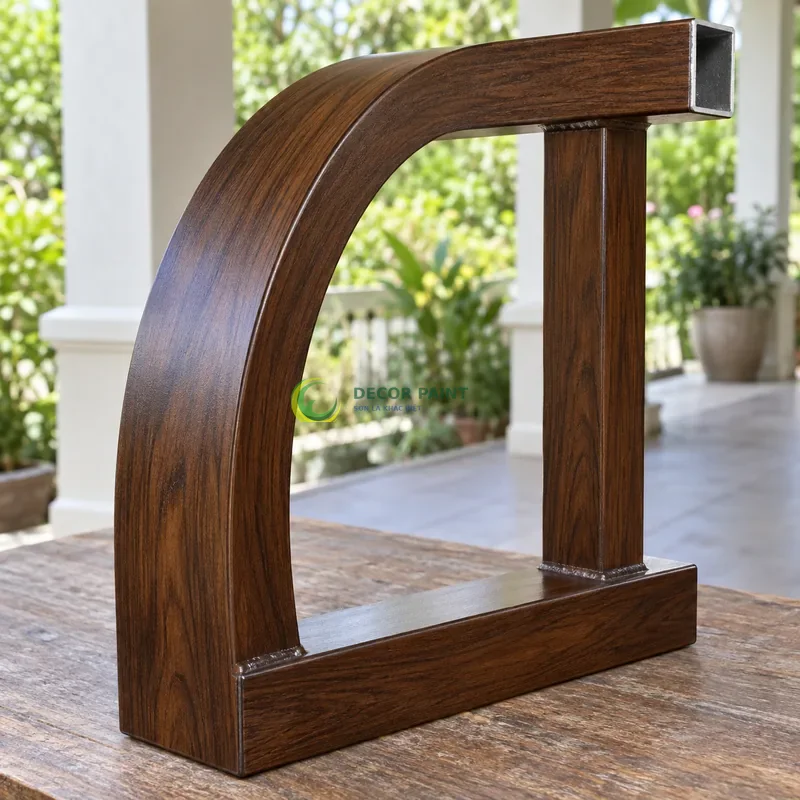 Mẫu sắt hộp mạ kẽm sơn giả gỗ óc chó sẫm, thanh cong nhẹ có giằng thẳng, hiên nhà sáng có cây xanh phía xa, góc cận bên trái với vật mẫu dựng đứng.