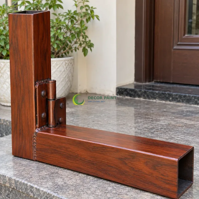 Mẫu sắt thép sơn giả gỗ cánh gián, hai thanh hộp rộng nối vuông góc, lối vào nhà phố có tường sáng, góc cận ba phần tư trên bàn.