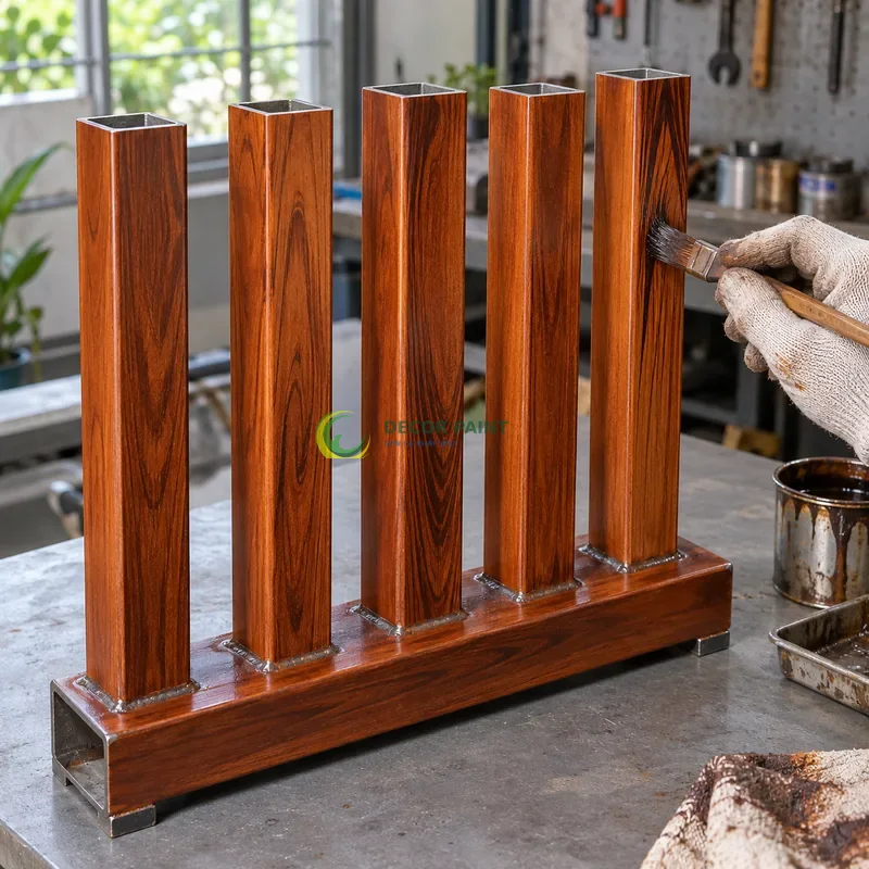 Mẫu sắt hộp mạ kẽm sơn giả gỗ cánh gián, năm thanh đứng trên giá mẫu thấp, minh hoạ thao tác tạo vân trên lớp lót, góc cận ba phần tư trên bàn.