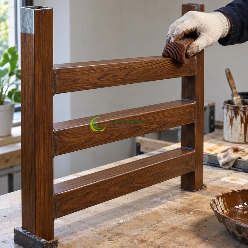 Mẫu sắt hộp mạ kẽm sơn giả gỗ óc chó sẫm, khung mẫu có bốn thanh ngang, minh hoạ thao tác tạo vân trên lớp lót, góc cận ngang tầm vật mẫu.