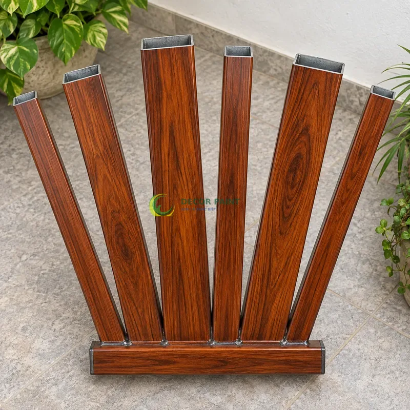 Mẫu sắt hộp mạ kẽm sơn giả gỗ cánh gián, sáu thanh mẫu rộng hẹp trên cùng giá, lối đi có mái che sát vườn nhỏ, góc gần từ trên xuống của bàn thao tác.