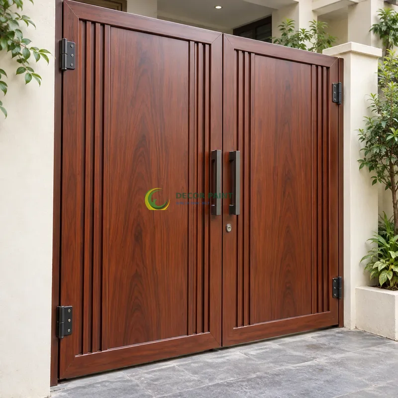 Cửa sắt thép 2 cánh sơn giả gỗ cánh gián, tấm giữa rộng và gân dọc mảnh, lối vào nhà phố có tường sáng, góc chếch từ trên xuống.
