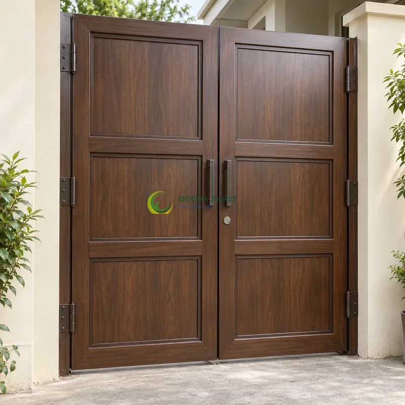 Cửa sắt thép 2 cánh sơn giả gỗ óc chó sẫm, bốn ô chữ nhật cân đối trên mỗi cánh, sân trong có nền xi măng trung tính, góc chính diện cân đối.