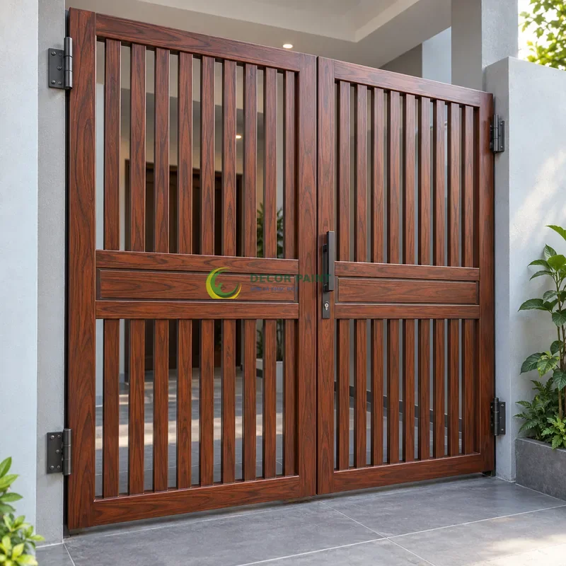 Cửa sắt thép 2 cánh sơn giả gỗ cánh gián, nan dọc có thanh ngang tạo điểm nhấn, sảnh nhỏ hiện đại có tường xám nhạt, góc chéo vừa, làm rõ mối ghép.