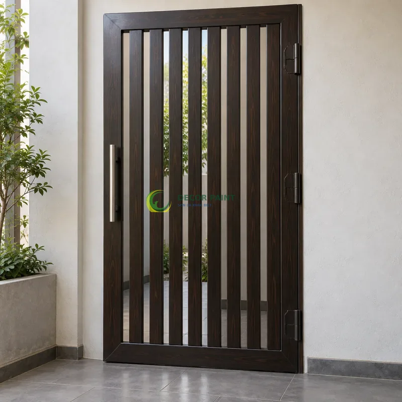 Cửa sắt thép 1 cánh sơn giả gỗ đen đậm, khung phẳng với nan dọc hẹp, góc thi công nhà ở gọn gàng, góc thấp vừa, thấy trọn chủ thể.