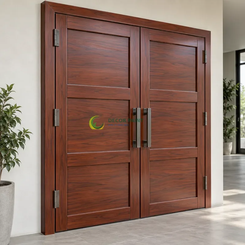 Cửa sắt thép 2 cánh sơn giả gỗ cánh gián, ba ô ngang rộng trong khung sắt, không gian trưng bày mẫu tường trắng, góc ba phần tư từ bên trái.
