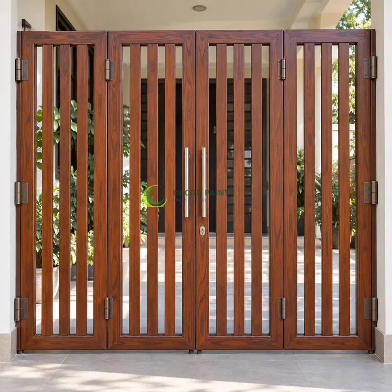 Cửa sắt thép 4 cánh sơn giả gỗ cánh gián, khung phẳng với nan dọc hẹp, hiên nhà sáng có cây xanh phía xa, góc gần chính diện, thấy rõ kết cấu.