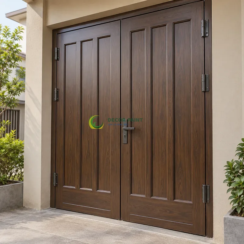 Cửa sắt thép 2 cánh sơn giả gỗ óc chó sẫm, ba panô đứng và thanh chân hẹp, mặt tiền nhà phố tông cát nhạt, góc ba phần tư từ bên phải.