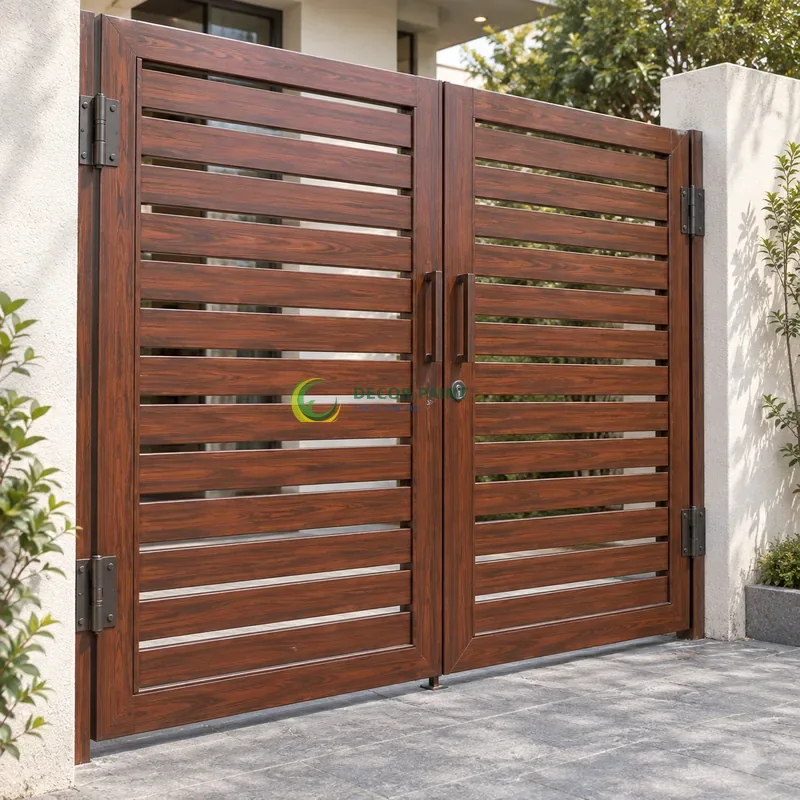 Cửa sắt thép 2 cánh sơn giả gỗ cánh gián, nan sắt ngang nằm trong khung âm, khoảng sân hiện đại nền xám, góc nghiêng nhẹ, rõ cạnh phía trước.